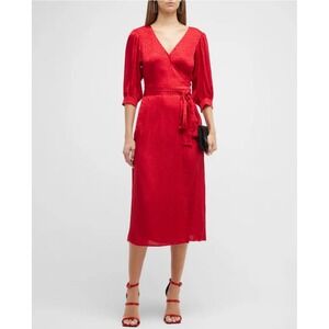 MICHAEL KORS Womens Red Animal Print Long Sleeve Wrap Midi Dress 1X Romantic NWT